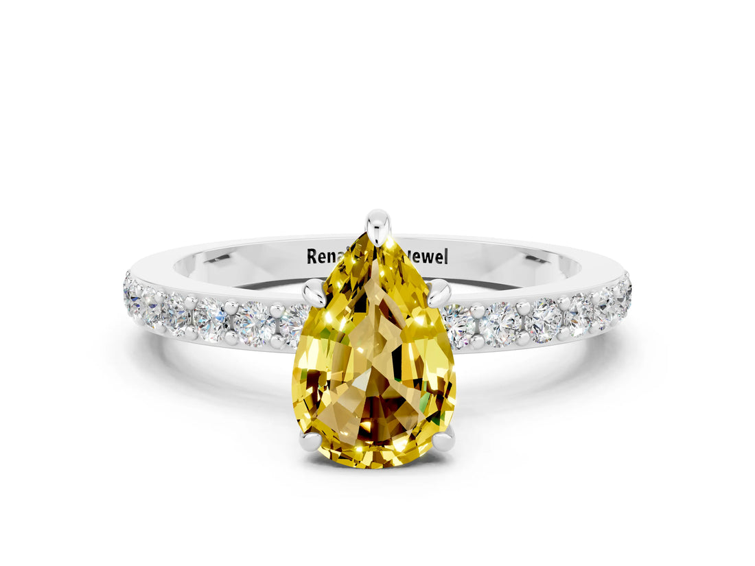 White gold Pear Cut Yellow Sapphire Solitaire Engagement Ring with Pavé Band and Four-Prong Setting_36