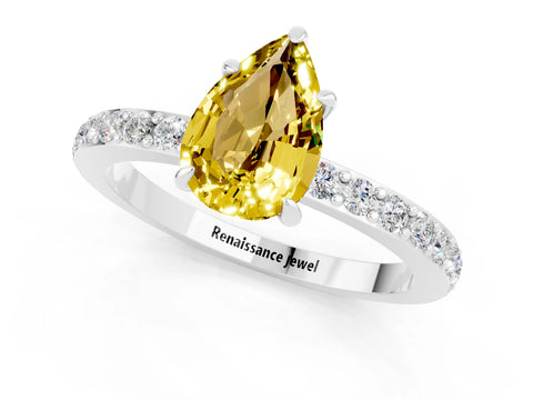 White gold Pear Cut Yellow Sapphire Solitaire Engagement Ring with Pavé Band and Four-Prong Setting_37