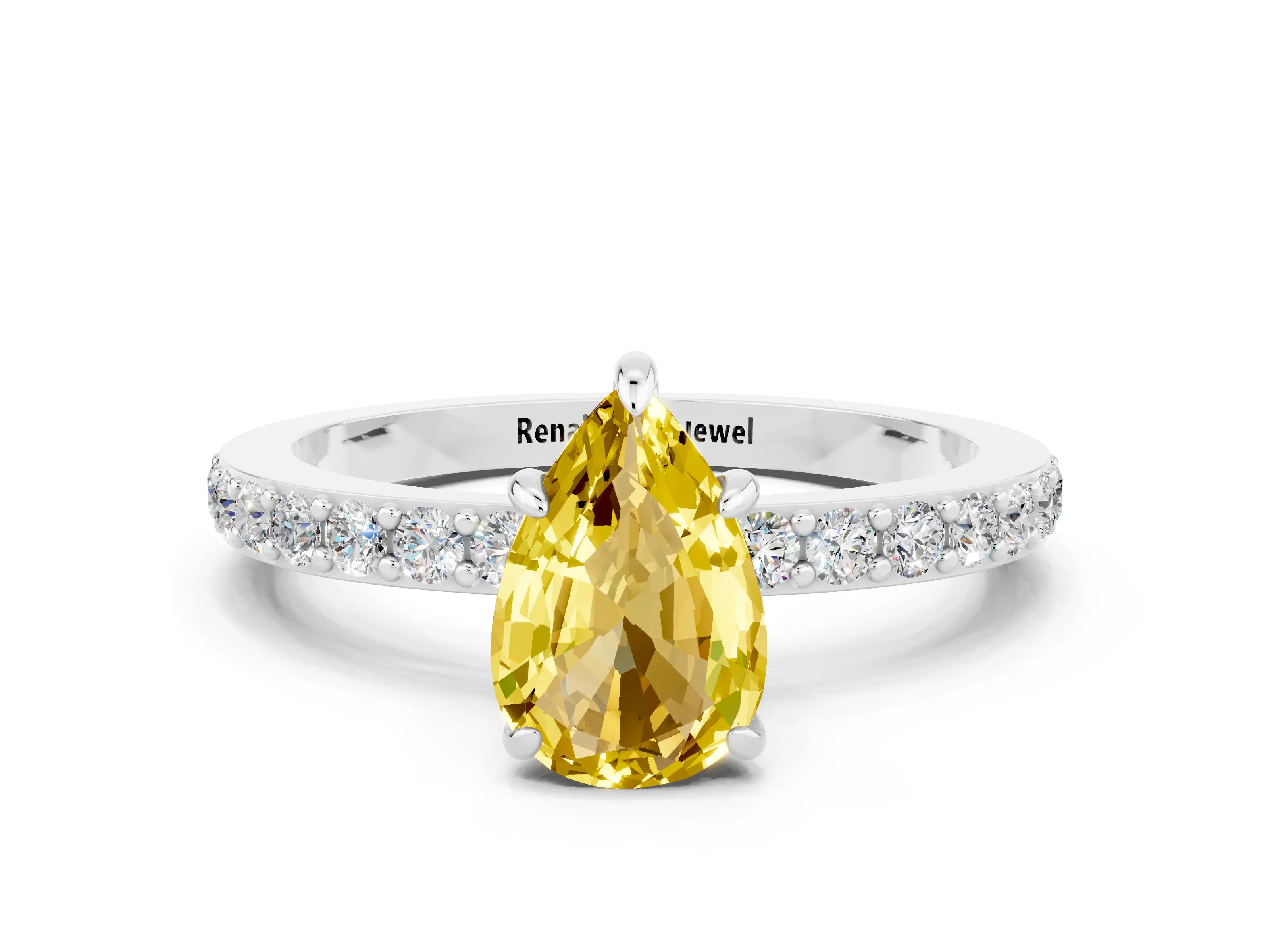 White gold Pear Cut Yellow Sapphire Solitaire Engagement Ring with Pavé Band and Four-Prong Setting_48