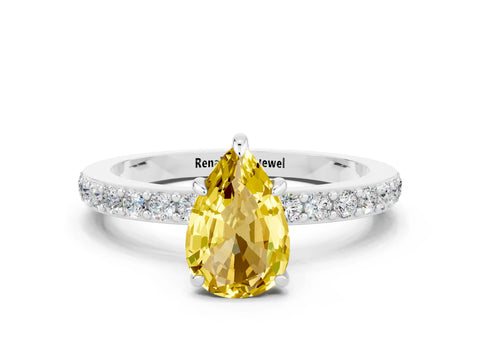 White gold Pear Cut Yellow Sapphire Solitaire Engagement Ring with Pavé Band and Four-Prong Setting_48