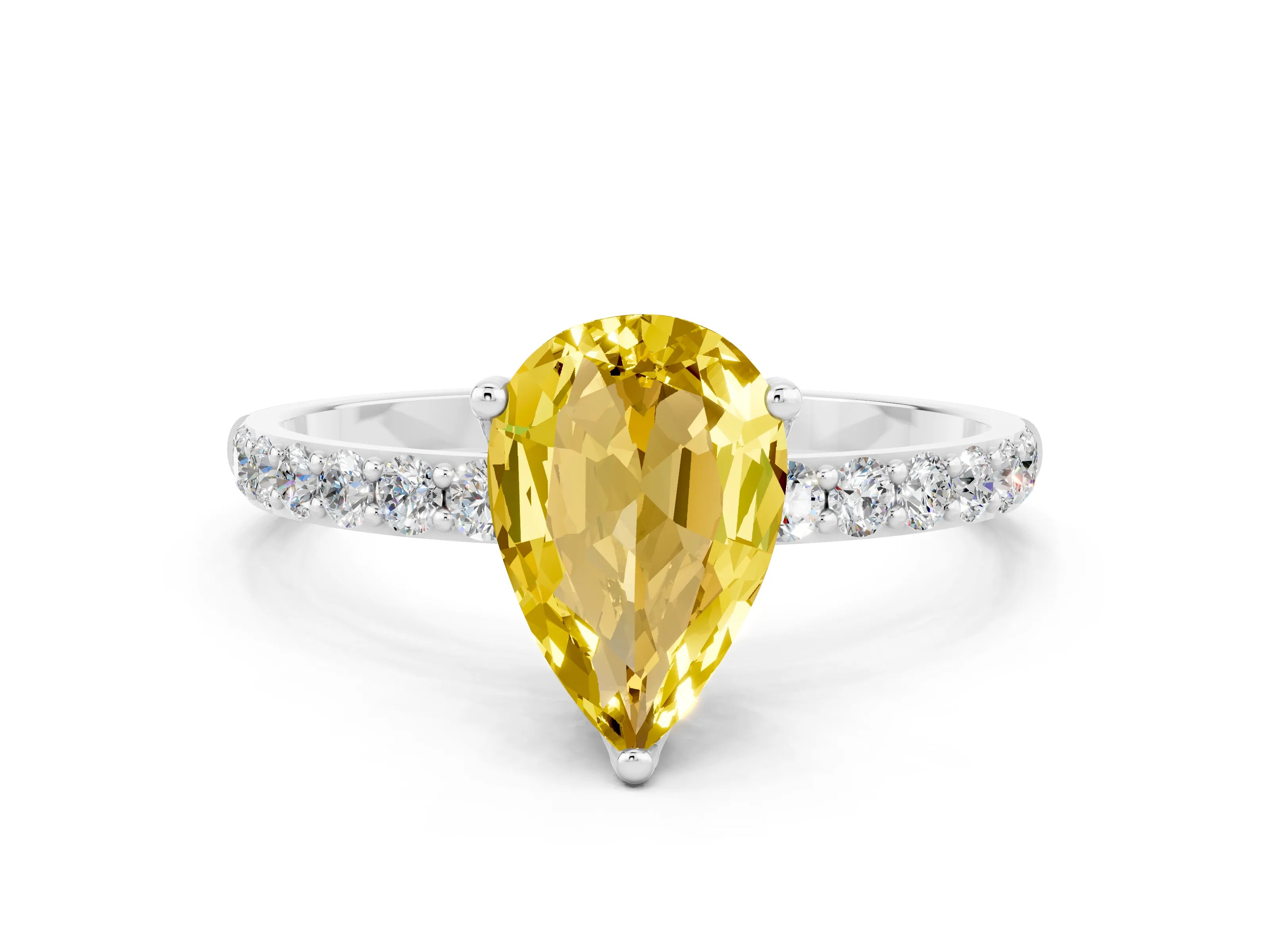 White gold Pear Cut Yellow Sapphire Solitaire Engagement Ring with Pavé Band and Prong Setting