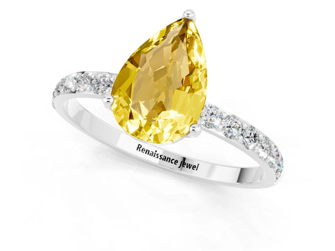 White gold Pear Cut Yellow Sapphire Solitaire Engagement Ring with Pavé Band and Prong Setting_1