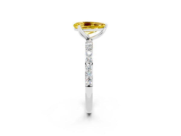 Platinum Pear Cut Yellow Sapphire Solitaire Engagement Ring with Round  Pavé Band and Prong Setting