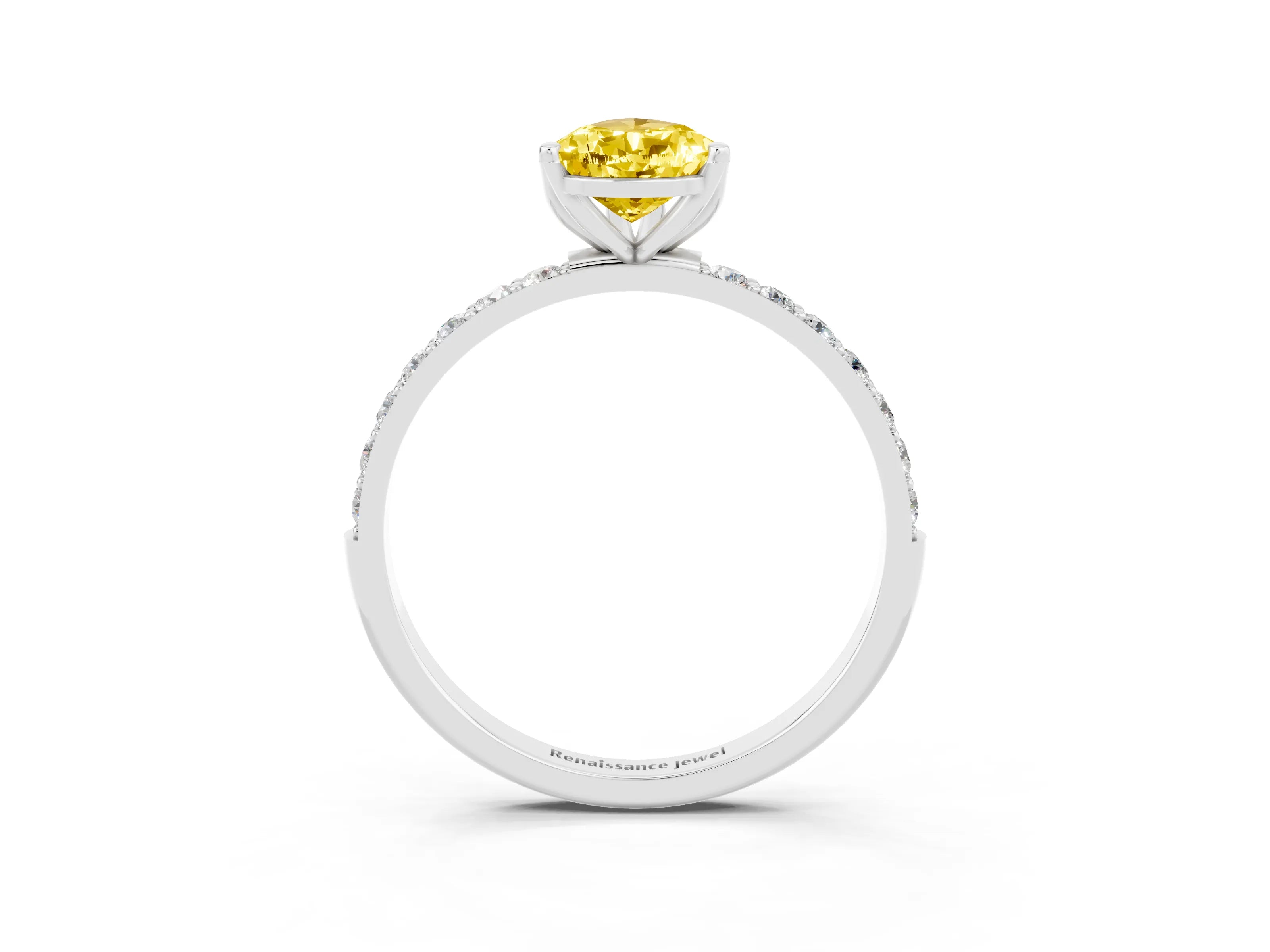 White gold Pear Cut Yellow Sapphire Solitaire Engagement Ring with Pavé Band and Prong Setting_3