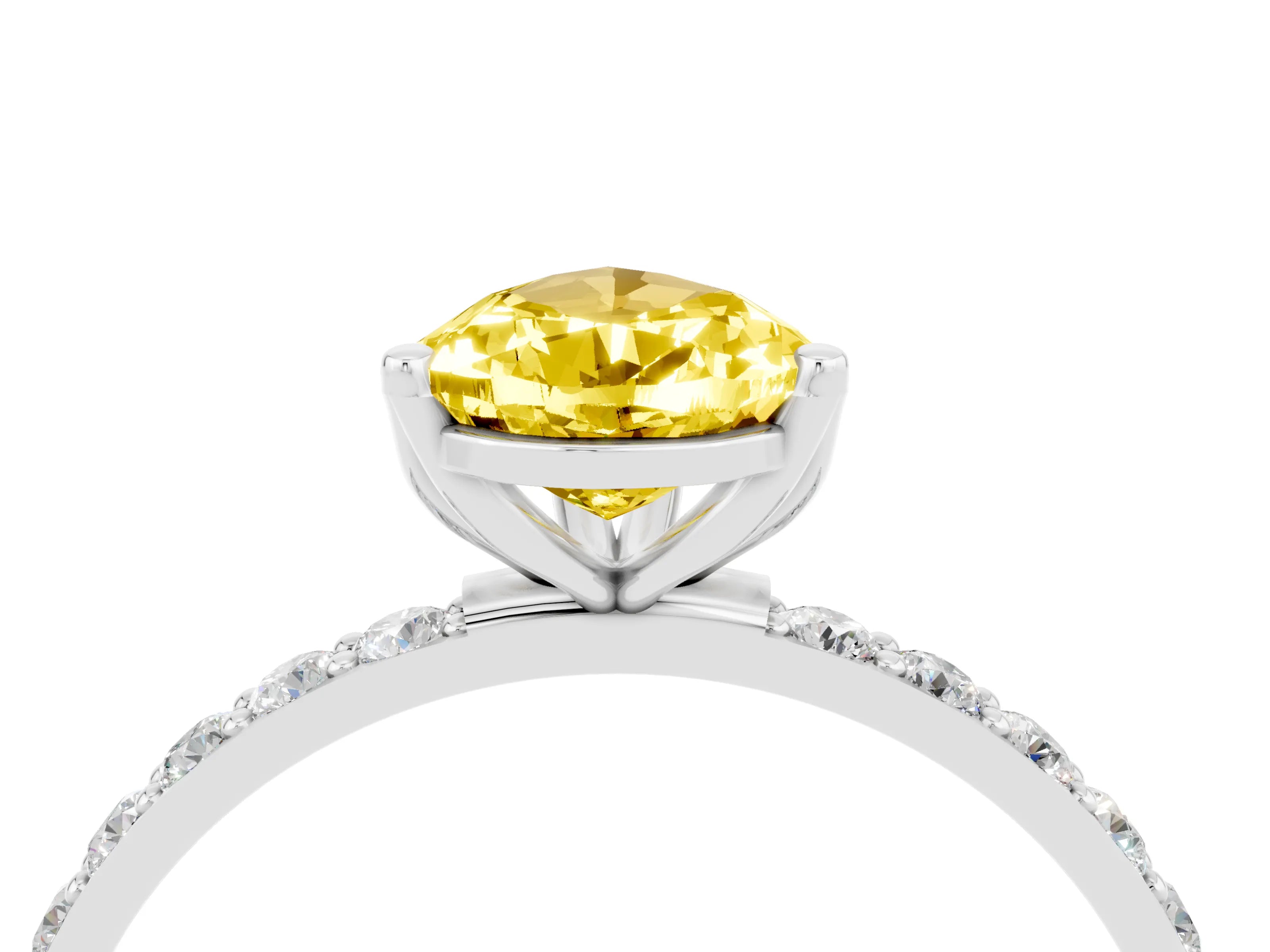 White gold Pear Cut Yellow Sapphire Solitaire Engagement Ring with Pavé Band and Prong Setting_4