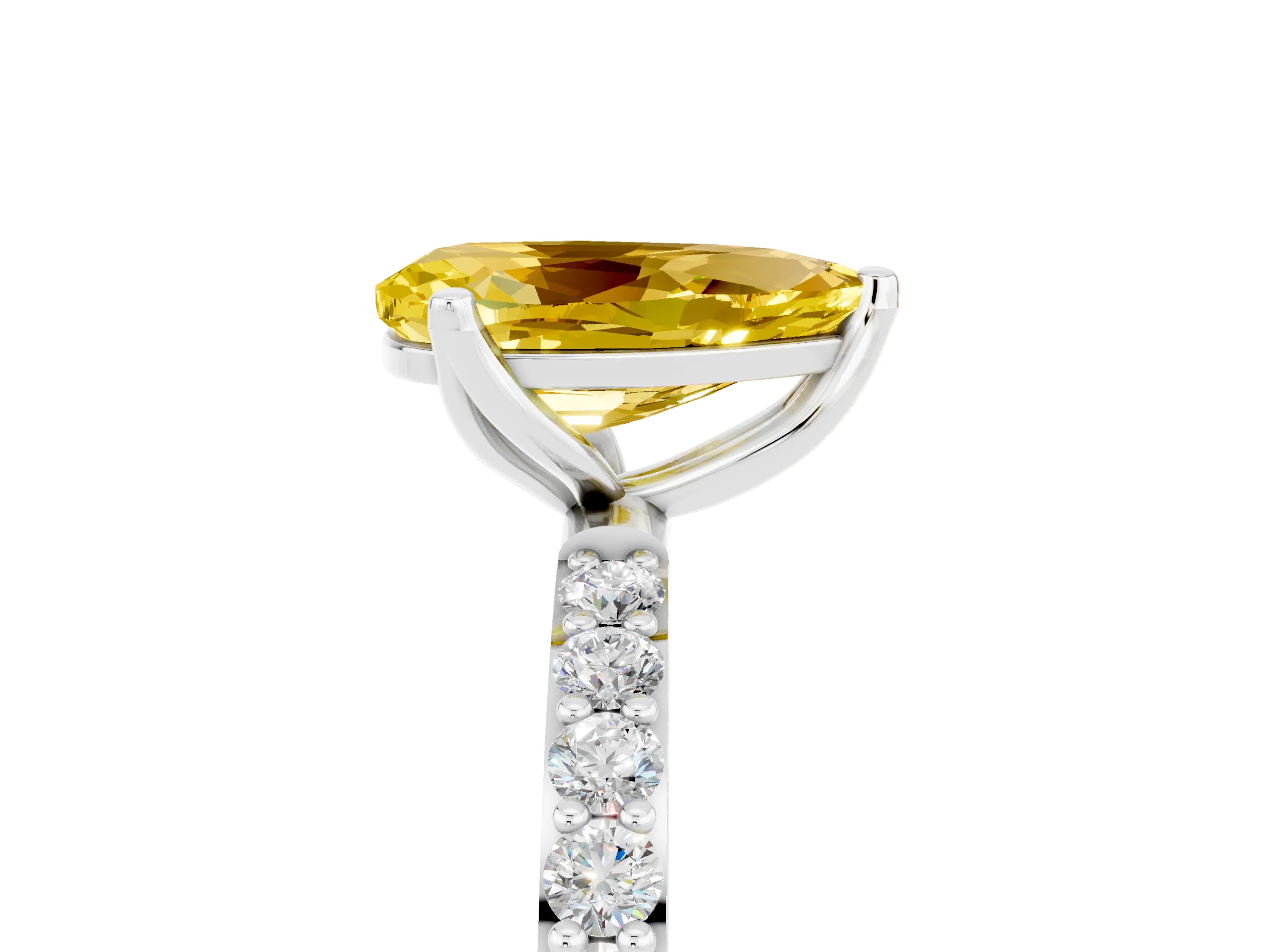 White gold Pear Cut Yellow Sapphire Solitaire Engagement Ring with Pavé Band and Prong Setting_5
