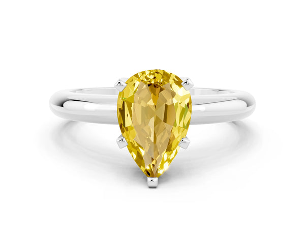 White gold Pear Cut Yellow Sapphire Solitaire Engagement Ring with Round Band and Four-Prong Setting