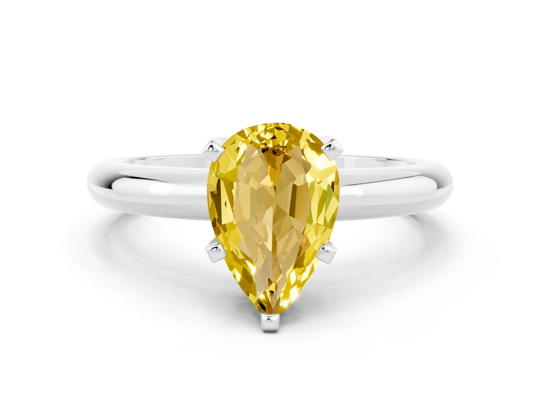 White gold Pear Cut Yellow Sapphire Solitaire Engagement Ring with Round Band and Four-Prong Setting_48