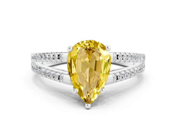 Platinum Pear Cut Yellow Sapphire Solitaire Engagement Ring with Split Shank Pavé Band