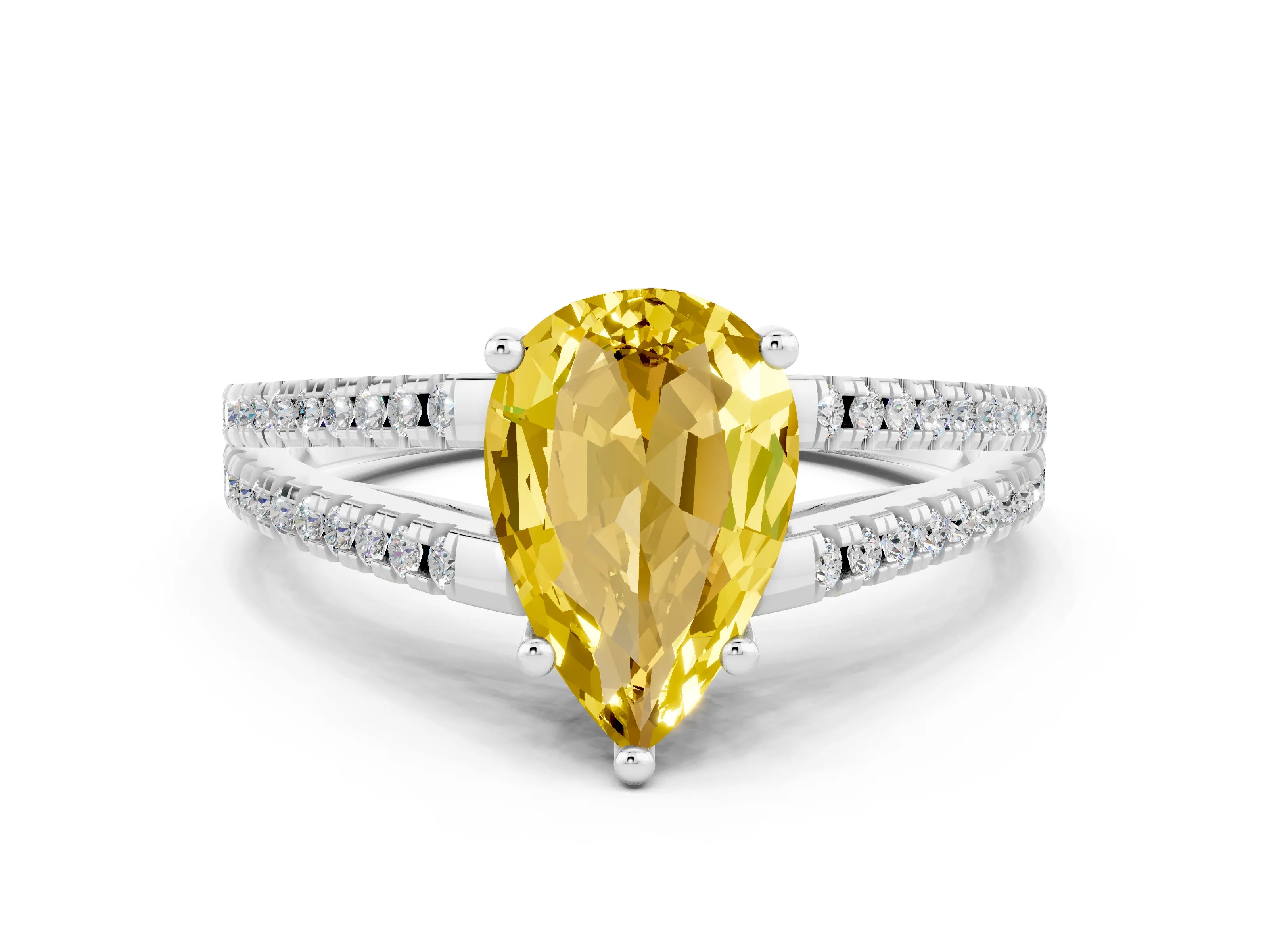 White gold Pear Cut Yellow Sapphire Solitaire Engagement Ring with Split Shank Pavé Band_12
