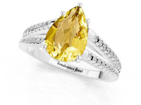 White gold Pear Cut Yellow Sapphire Solitaire Engagement Ring with Split Shank Pavé Band_13