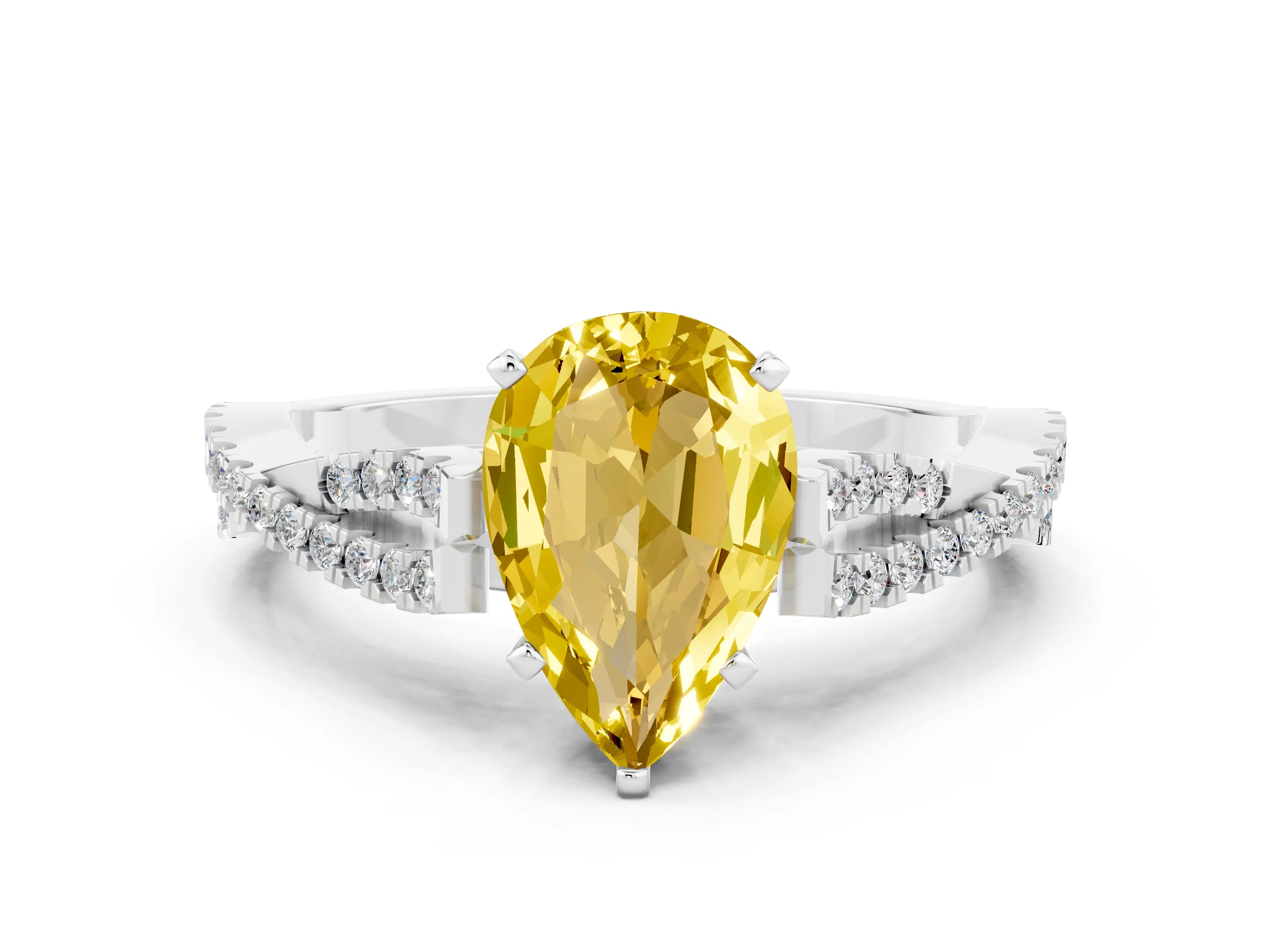 White gold Pear Cut Yellow Sapphire Solitaire Engagement Ring with Twisted Pavé Band and Four-Prong Setting_12