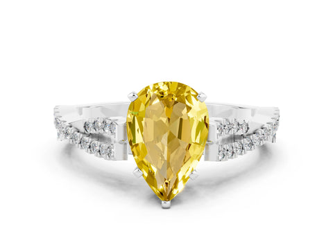 White gold Pear Cut Yellow Sapphire Solitaire Engagement Ring with Twisted Pavé Band and Four-Prong Setting_12