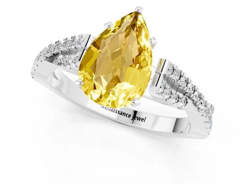 White gold Pear Cut Yellow Sapphire Solitaire Engagement Ring with Twisted Pavé Band and Four-Prong Setting_13