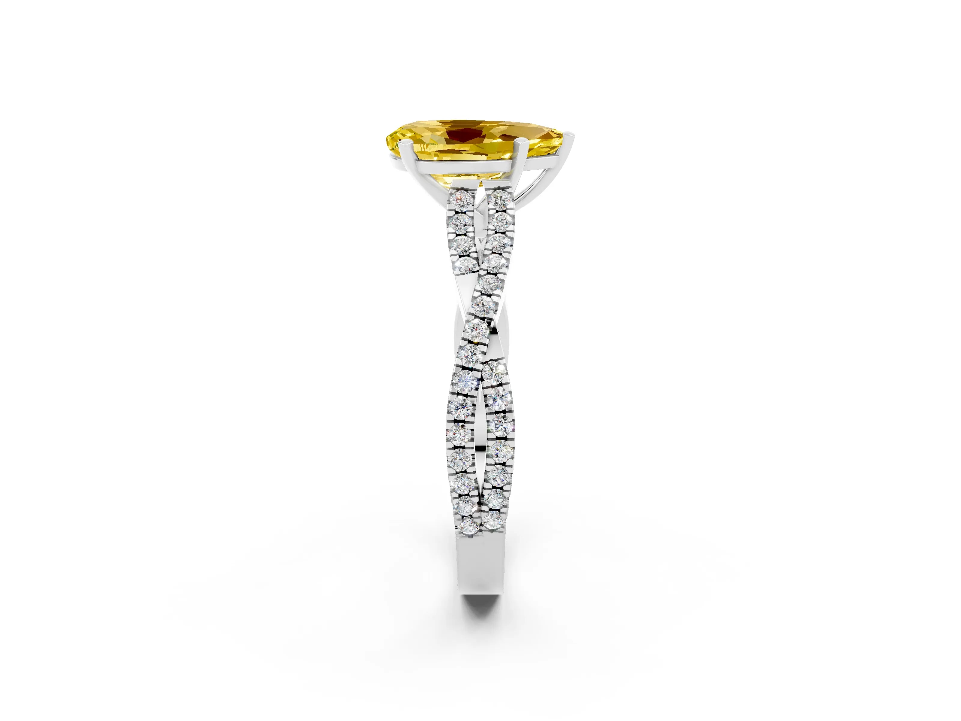 White gold Pear Cut Yellow Sapphire Solitaire Engagement Ring with Twisted Pavé Band and Four-Prong Setting_14
