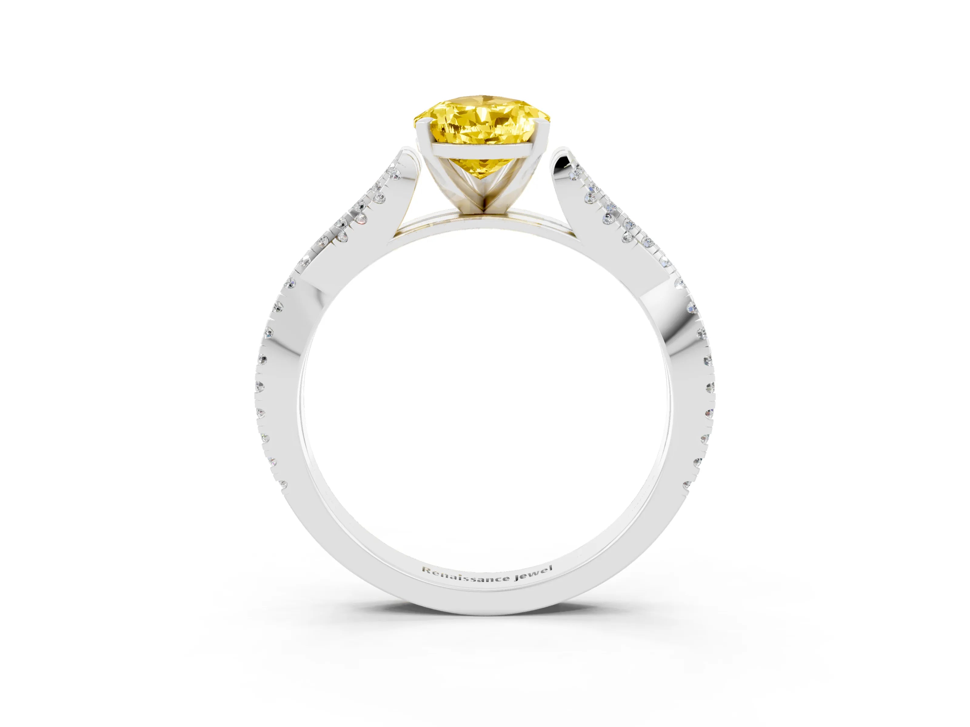 White gold Pear Cut Yellow Sapphire Solitaire Engagement Ring with Twisted Pavé Band and Four-Prong Setting_15