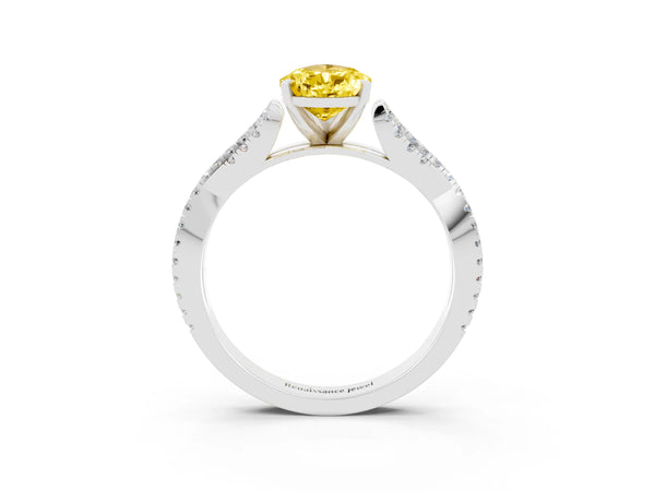 Silver Pear Cut Yellow Sapphire Solitaire Engagement Ring with Twisted Pavé Band and Four-Prong Setting
