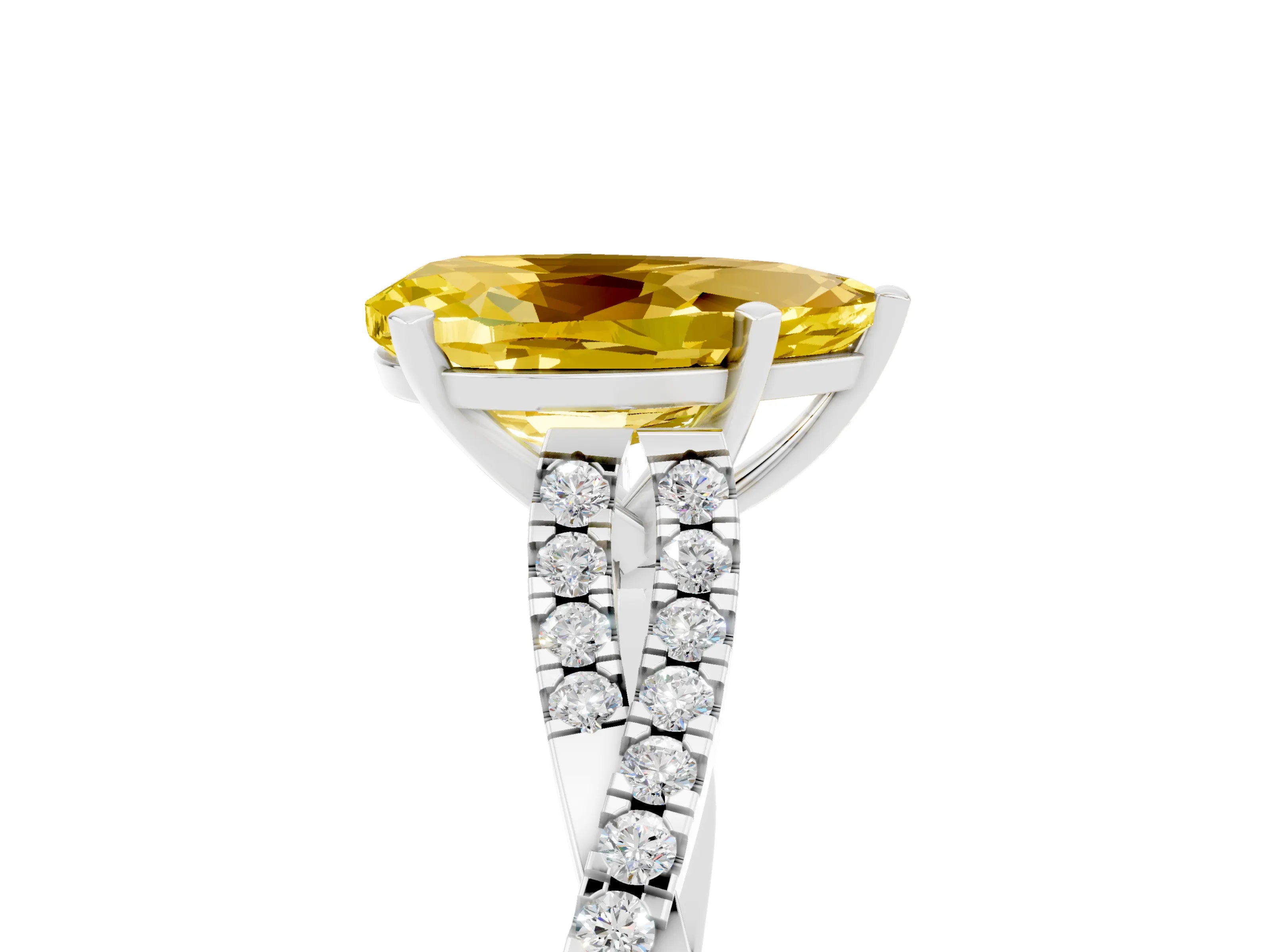 White gold Pear Cut Yellow Sapphire Solitaire Engagement Ring with Twisted Pavé Band and Four-Prong Setting_17