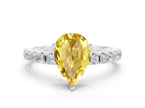 Silver Pear Cut Yellow Sapphire Solitaire Pavé Band with Four-Prong Setting