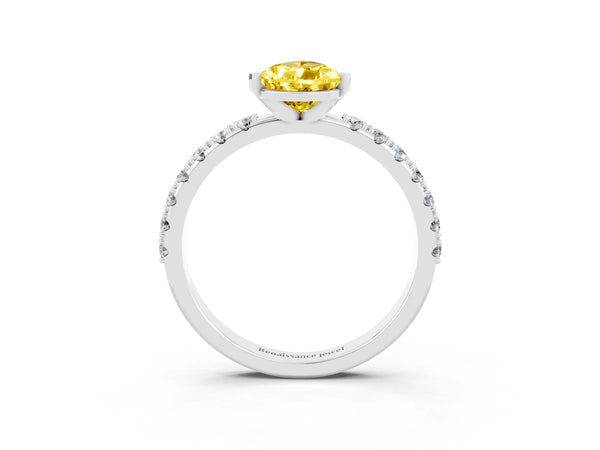 Platinum Pear Cut Yellow Sapphire Solitaire Pavé Band with Four-Prong Setting