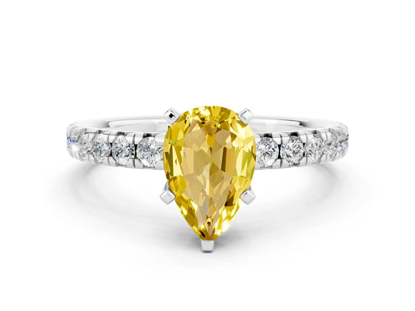 Platinum Pear Cut Yellow Sapphire Solitaire Pavé Engagement Ring with Round Band and Prong Setting