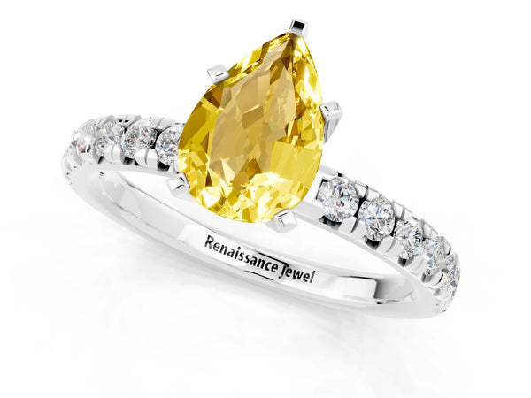 Platinum Pear Cut Yellow Sapphire Solitaire Pavé Engagement Ring with Round Band and Prong Setting