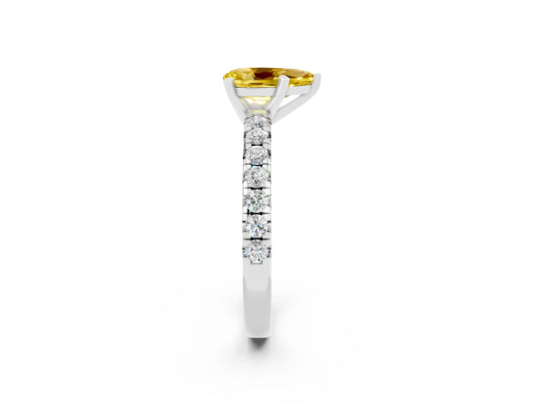 Platinum Pear Cut Yellow Sapphire Solitaire Pavé Engagement Ring with Round Band and Prong Setting