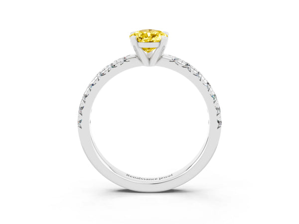 Platinum Pear Cut Yellow Sapphire Solitaire Pavé Engagement Ring with Round Band and Prong Setting