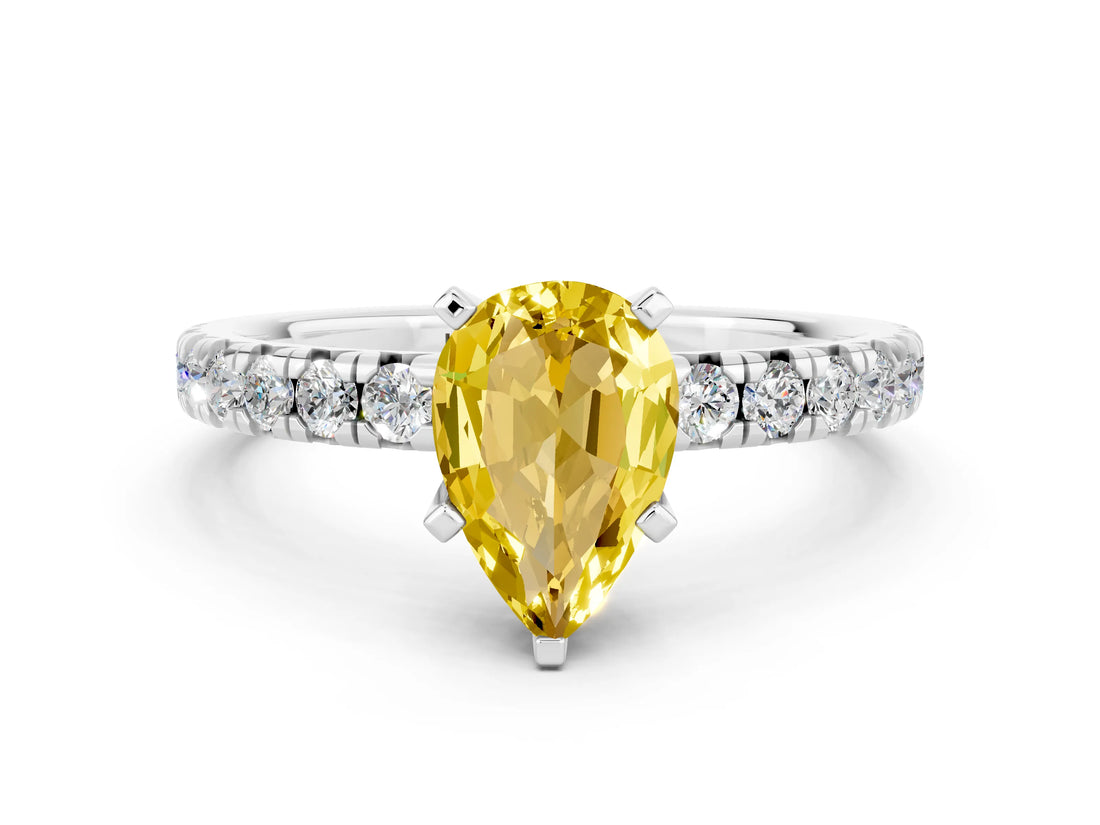 White gold Pear Cut Yellow Sapphire Solitaire Pavé Engagement Ring with Round Band and Prong Setting_60