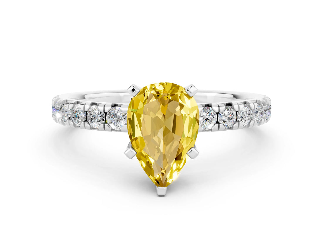 White gold Pear Cut Yellow Sapphire Solitaire Pavé Engagement Ring with Round Band and Prong Setting_73