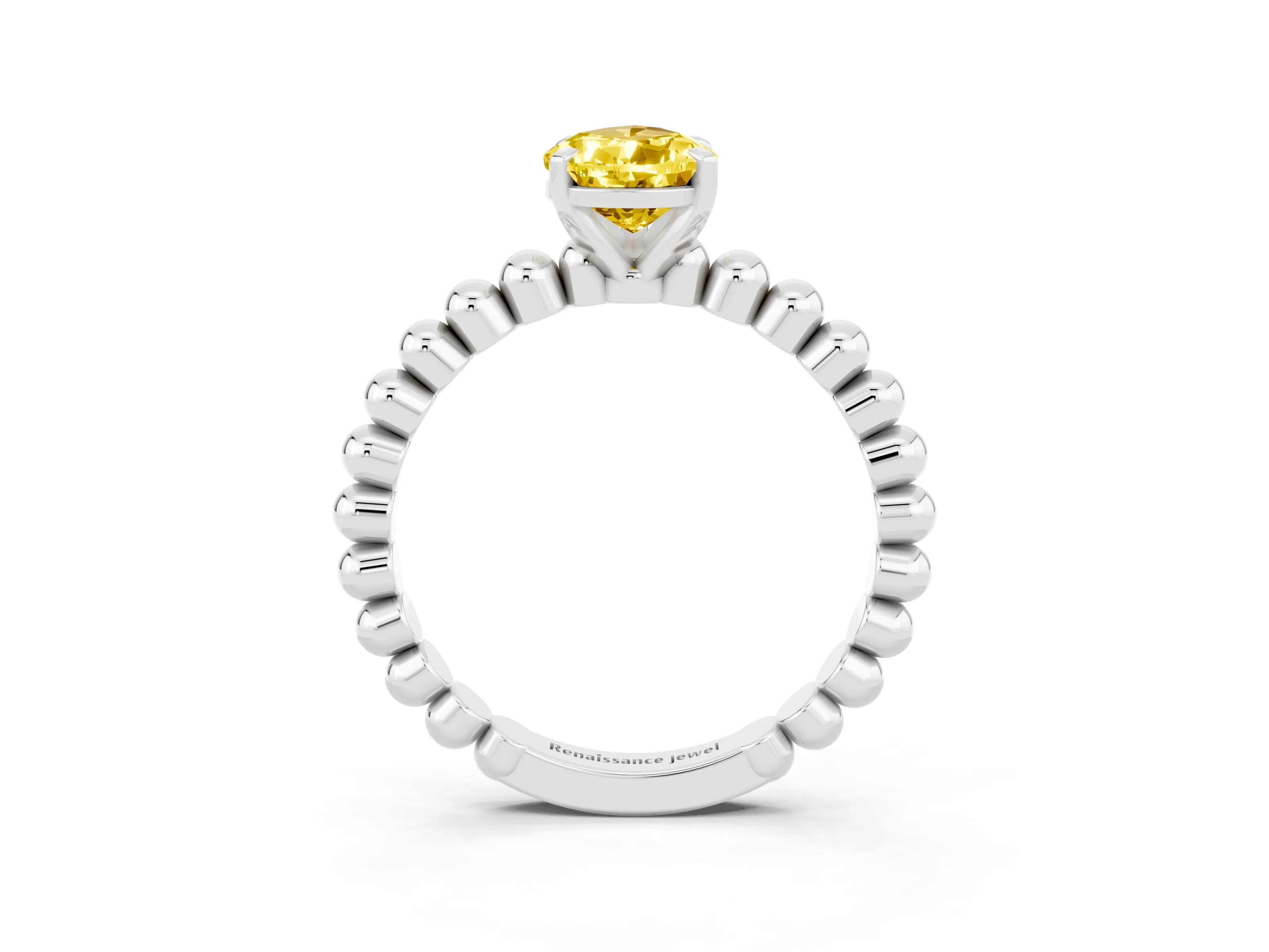 White gold Pear Cut Yellow Sapphire Solitaire Ring with Beaded Band and Prong Setting_15