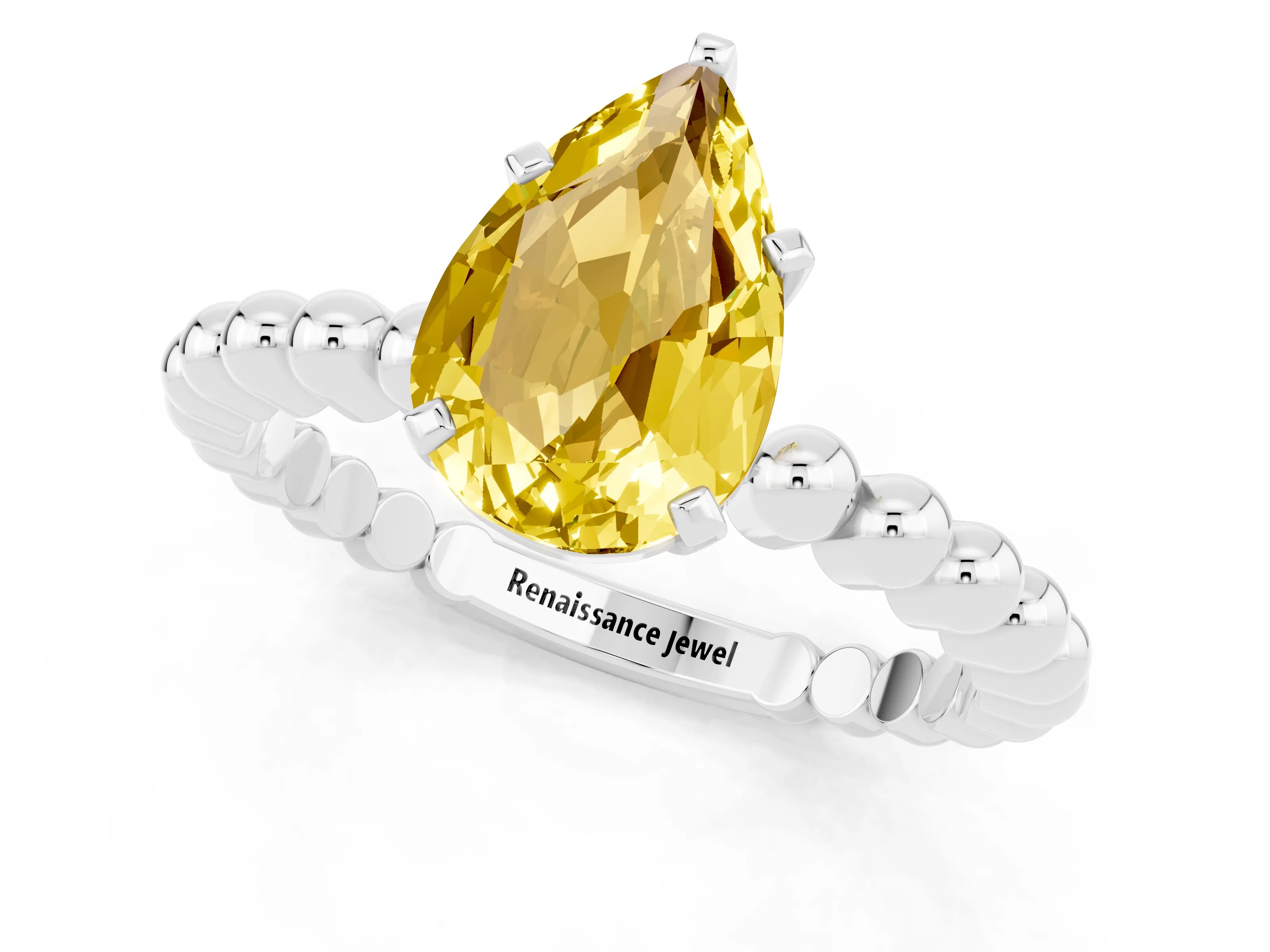 White gold Pear Cut Yellow Sapphire Solitaire Ring with Beaded Band and Prong Setting_1