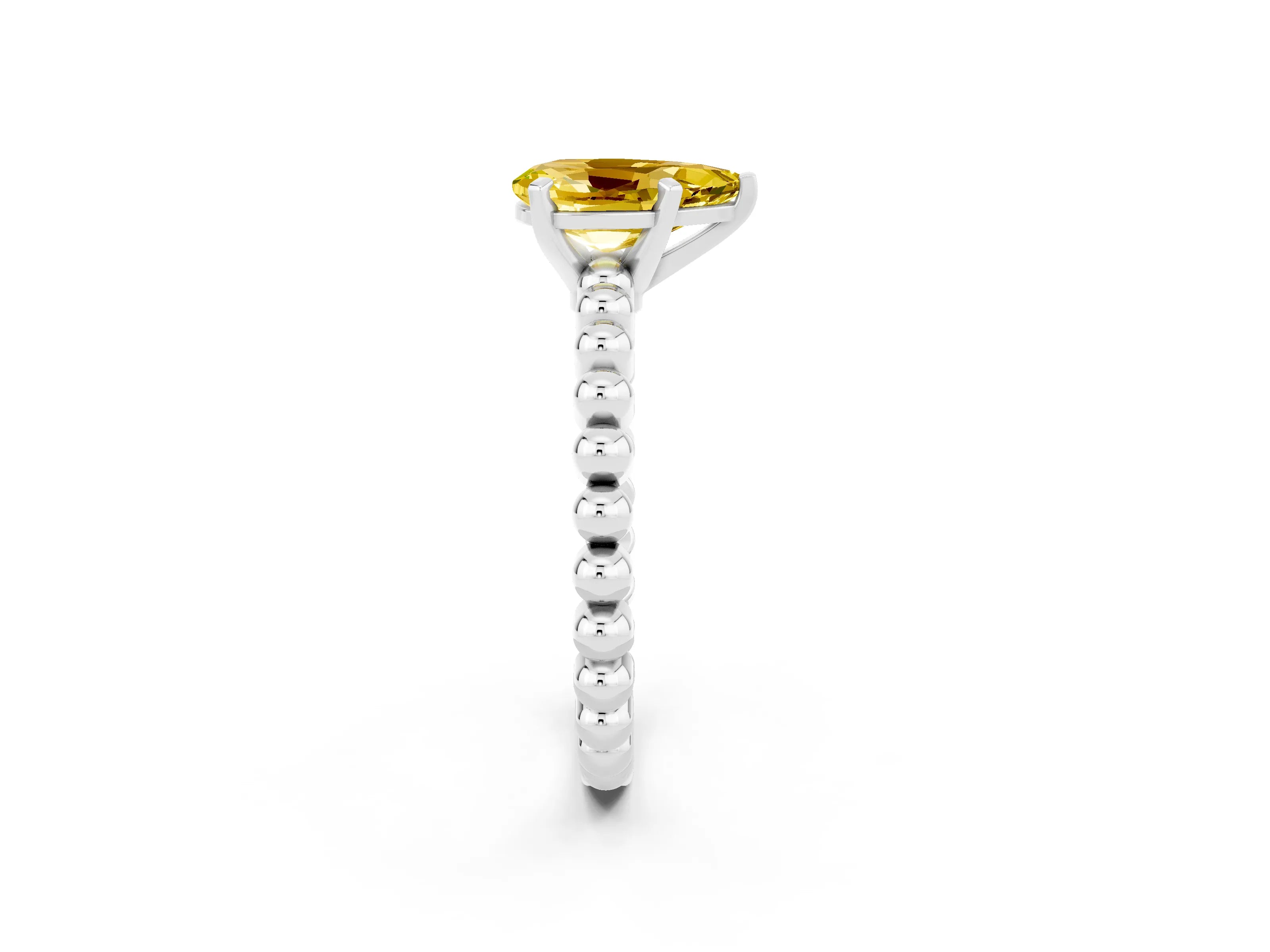 White gold Pear Cut Yellow Sapphire Solitaire Ring with Beaded Band and Prong Setting_2