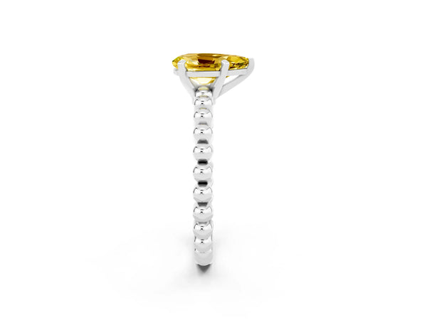 Platinum Pear Cut Yellow Sapphire Solitaire Ring with Beaded Band and Prong Setting