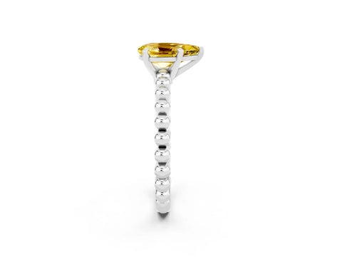 White gold Pear Cut Yellow Sapphire Solitaire Ring with Beaded Band and Prong Setting_2