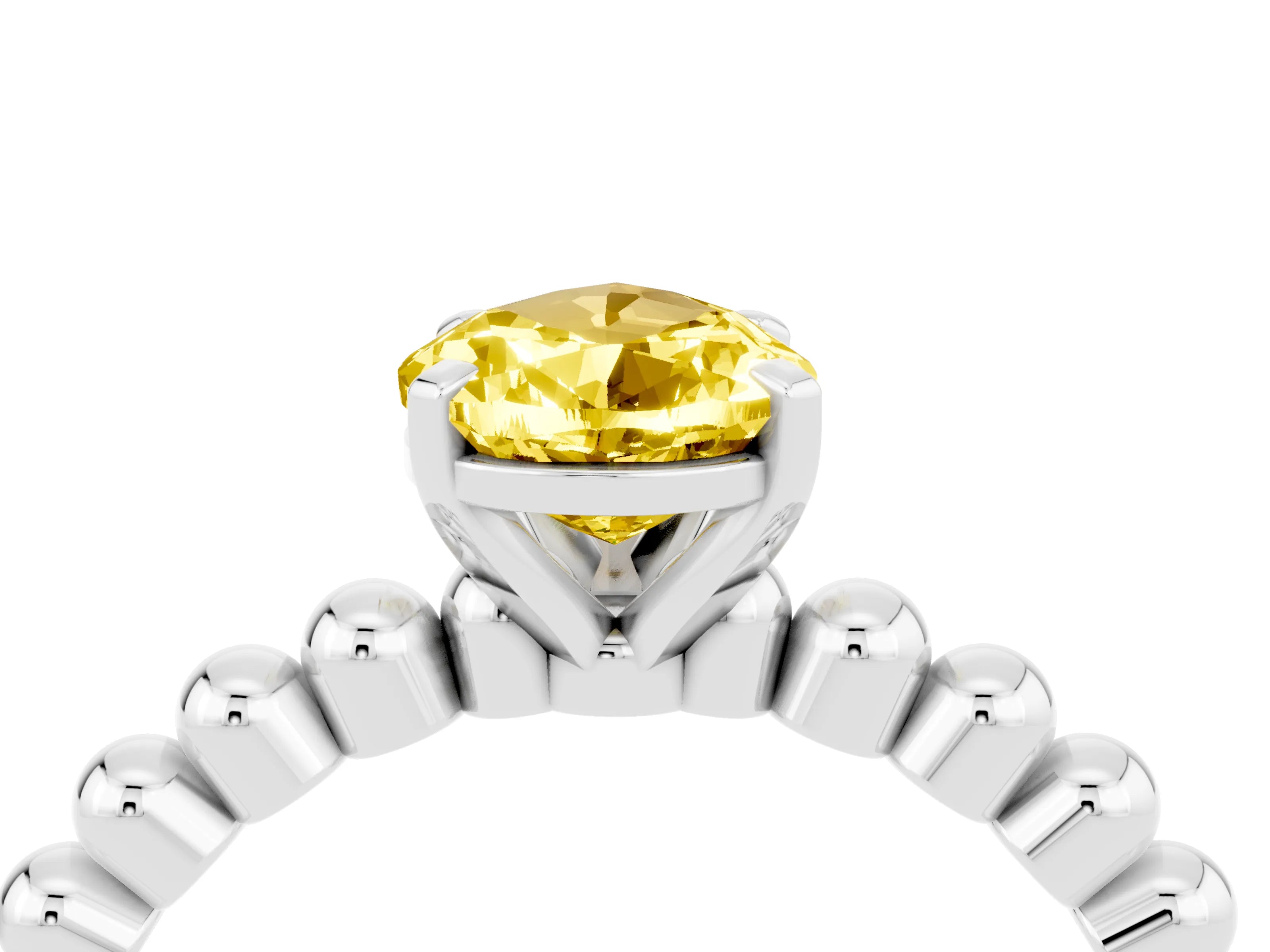 White gold Pear Cut Yellow Sapphire Solitaire Ring with Beaded Band and Prong Setting_4