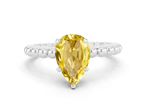 White gold Pear Cut Yellow Sapphire Solitaire Ring with Beaded Band and Prong Setting