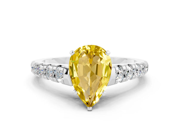 Platinum Pear Cut Yellow Sapphire Cathedral Solitaire Ring with Round  Pavé Band