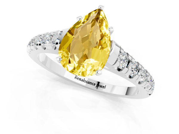 White gold Pear Cut Yellow Sapphire Cathedral Solitaire Ring with Round  Pavé Band