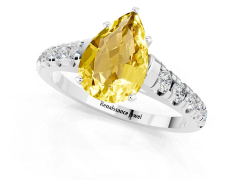 White gold Pear Cut Yellow Sapphire Solitaire Ring with Cathedral Setting and Pavé Band_25