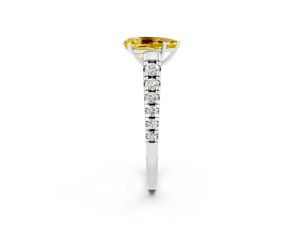Platinum Pear Cut Yellow Sapphire Cathedral Solitaire Ring with Round  Pavé Band