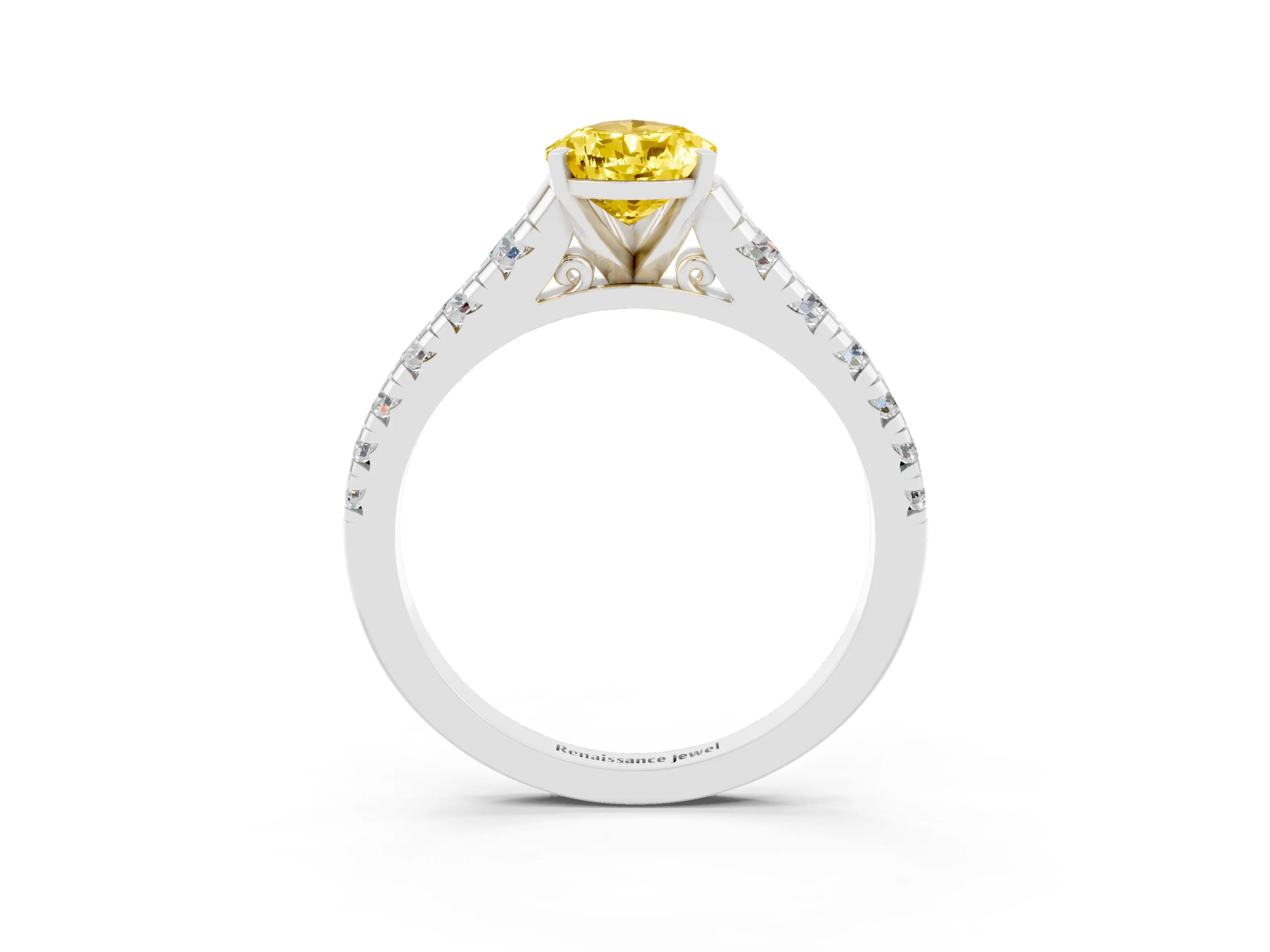 White gold Pear Cut Yellow Sapphire Solitaire Ring with Cathedral Setting and Pavé Band_27