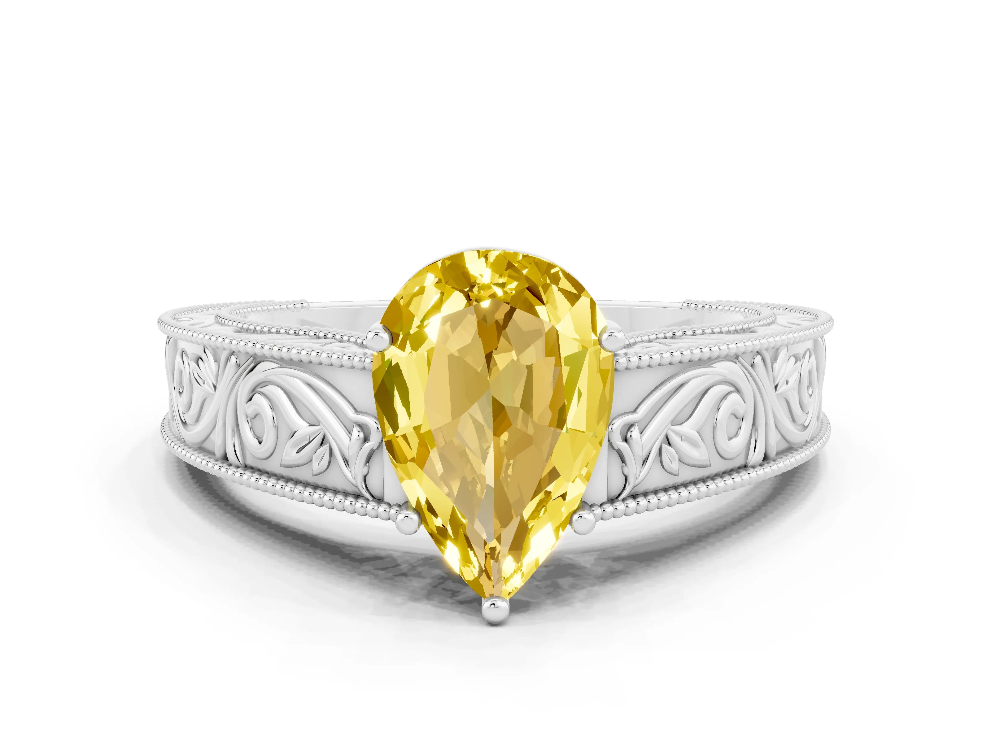 White gold Pear Cut Yellow Sapphire Solitaire Ring with Engraved Band and Four-Prong Setting