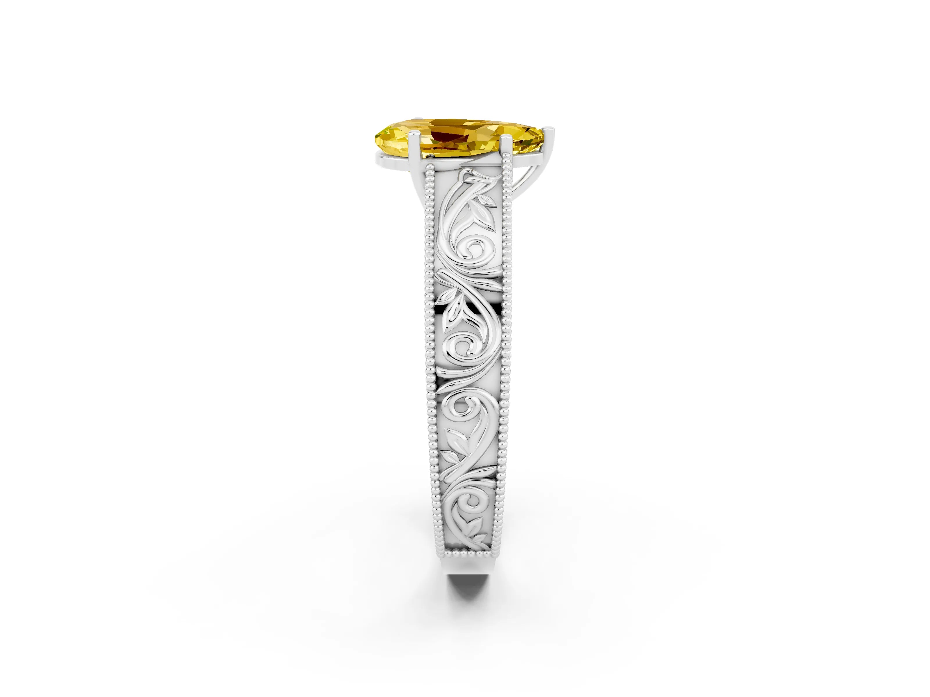 White gold Pear Cut Yellow Sapphire Solitaire Ring with Engraved Band and Four-Prong Setting_2