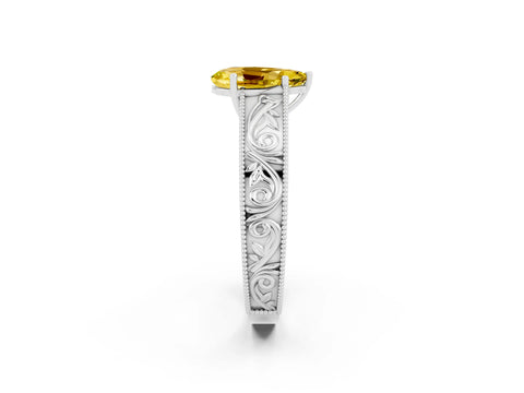 White gold Pear Cut Yellow Sapphire Solitaire Ring with Engraved Band and Four-Prong Setting_2
