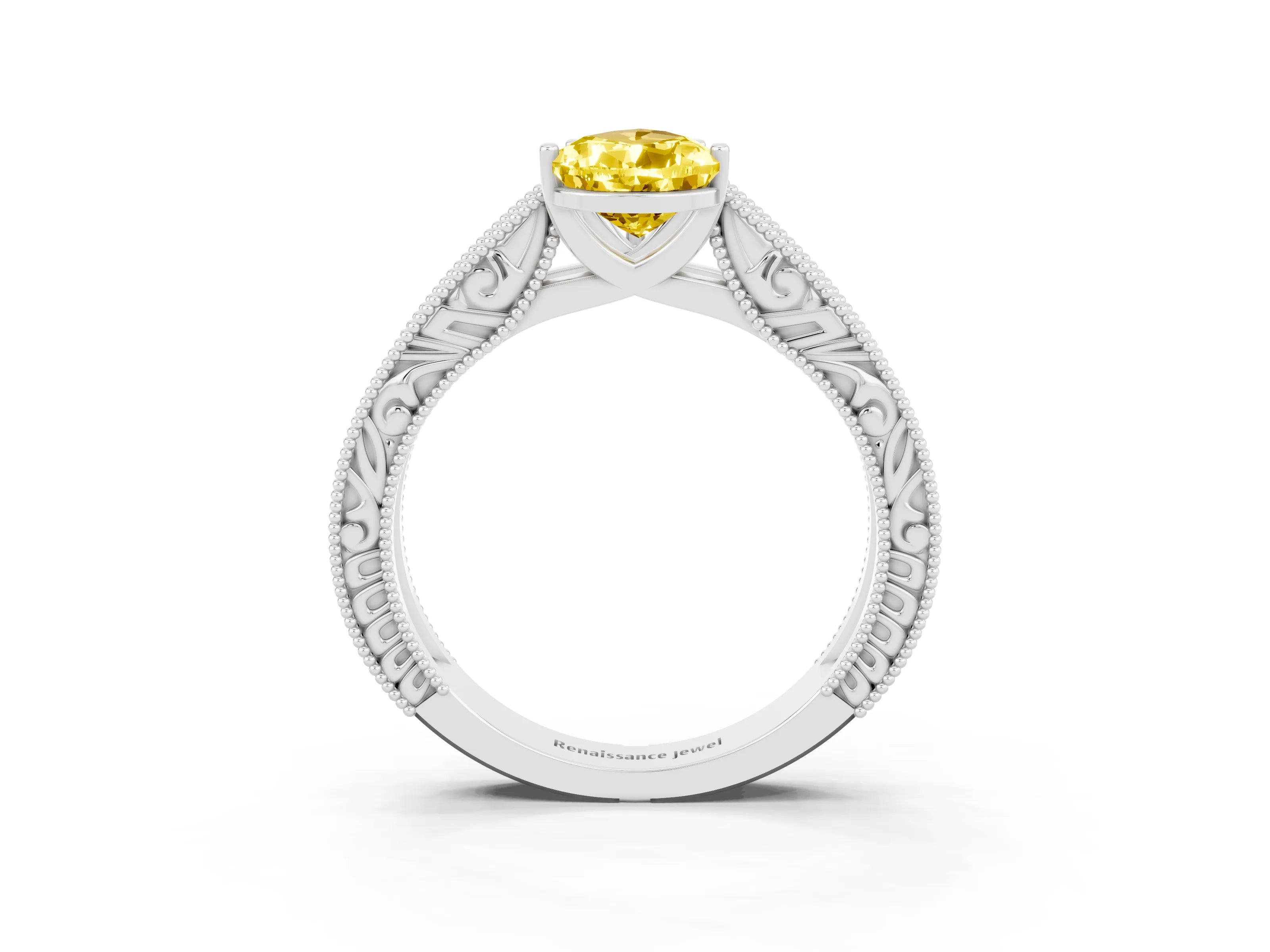 White gold Pear Cut Yellow Sapphire Solitaire Ring with Engraved Band and Four-Prong Setting_3