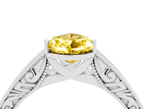 White gold Pear Cut Yellow Sapphire Solitaire Ring with Engraved Band and Four-Prong Setting_4