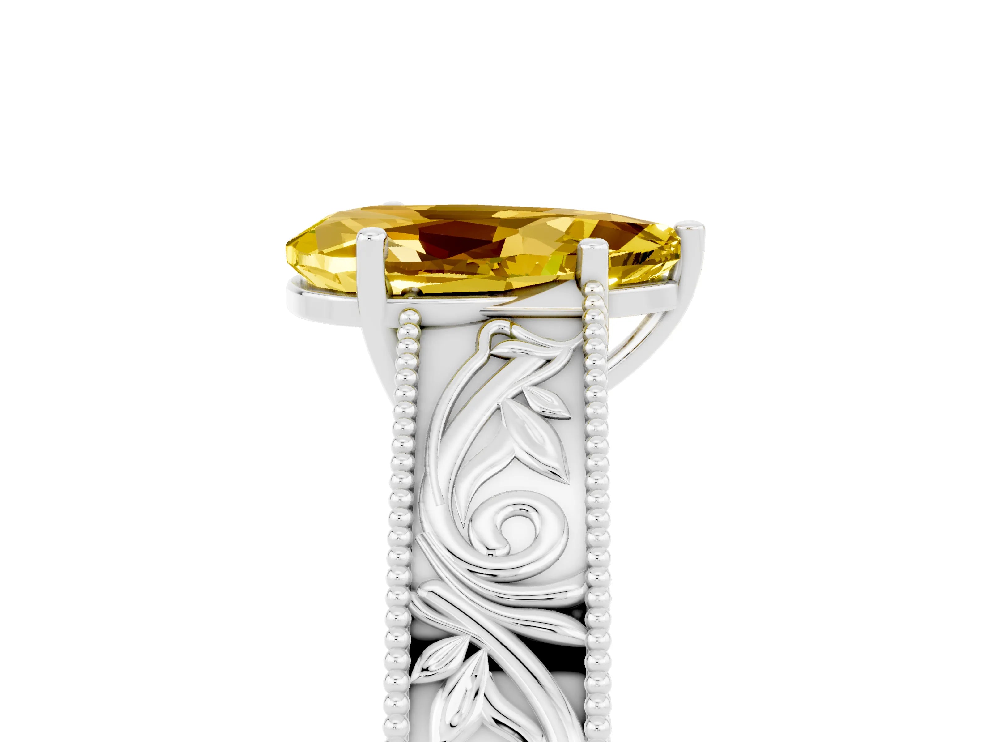 White gold Pear Cut Yellow Sapphire Solitaire Ring with Engraved Band and Four-Prong Setting_5