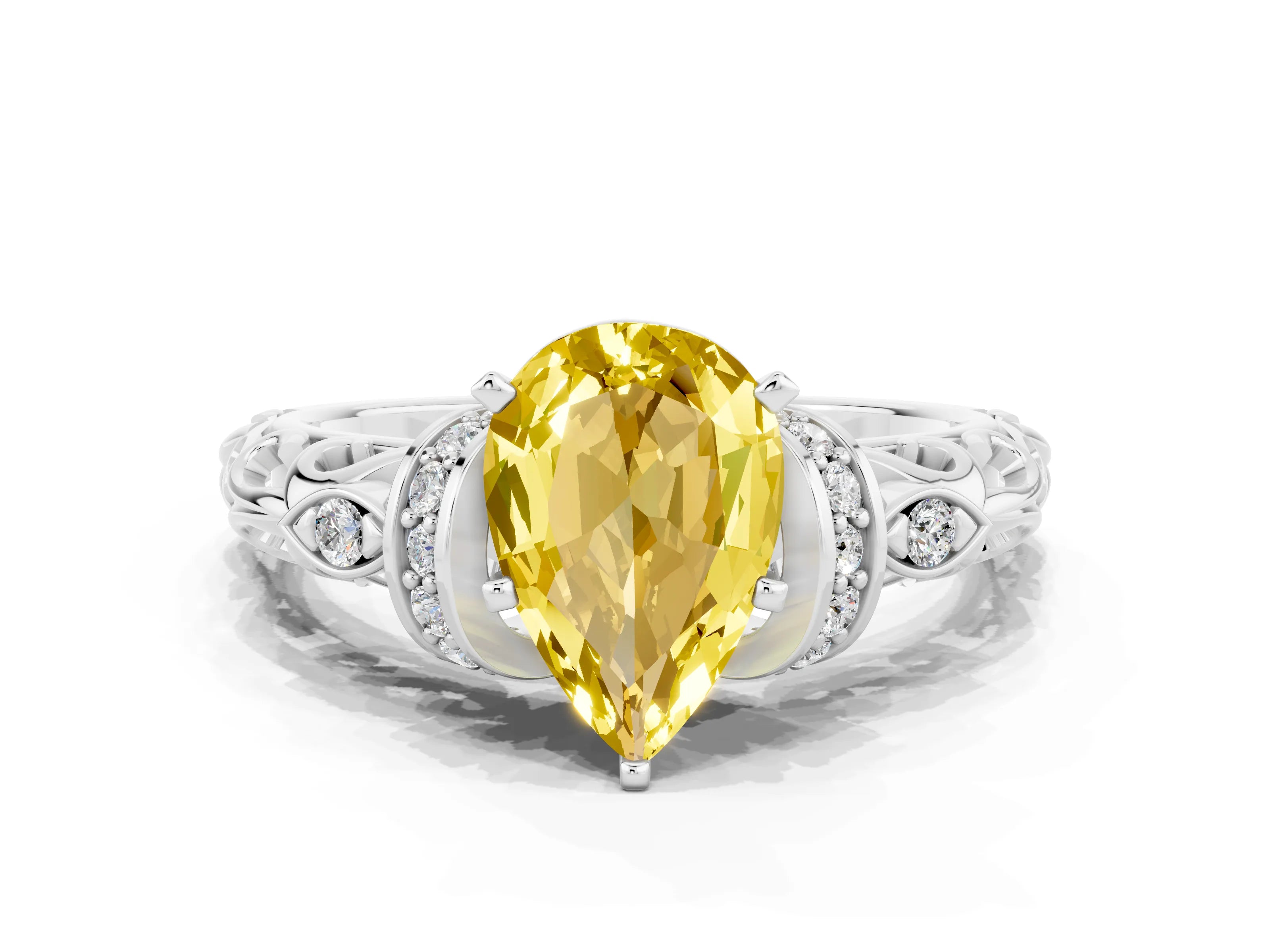 White gold Pear Cut Yellow Sapphire Solitaire Ring with Filigree Band and Four-Prong Setting_60