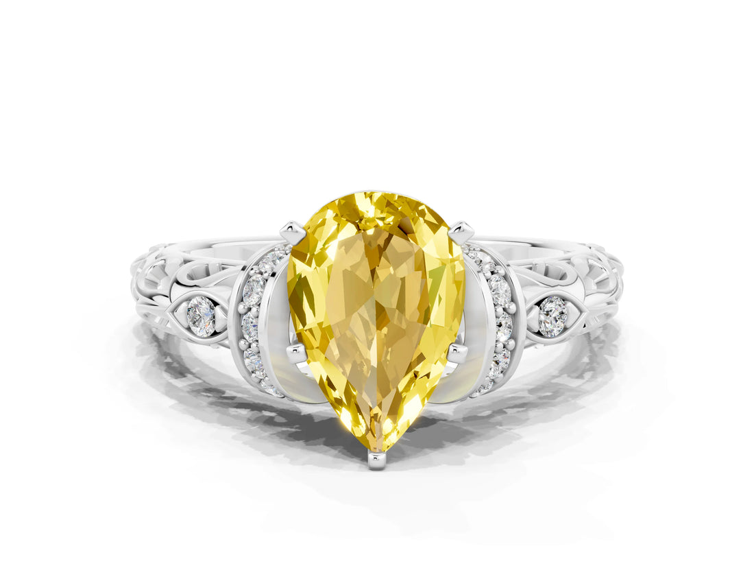 White gold Pear Cut Yellow Sapphire Solitaire Ring with Filigree Band and Four-Prong Setting_60
